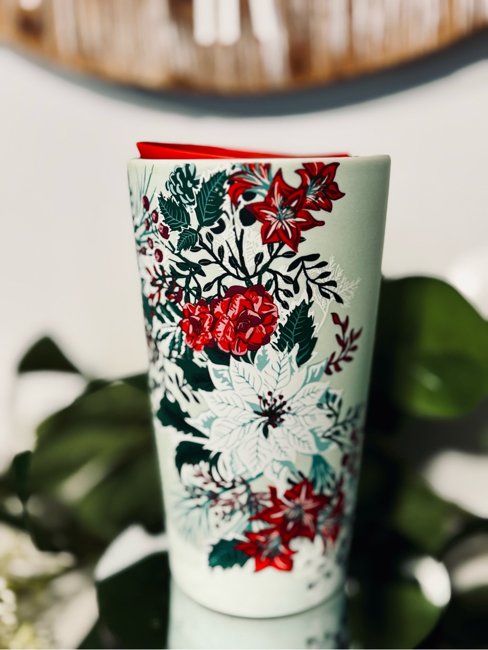 Rare Starbucks 2022 Holiday Mint Green Poinsettia Holiday Ceramic Tumbler 12oz